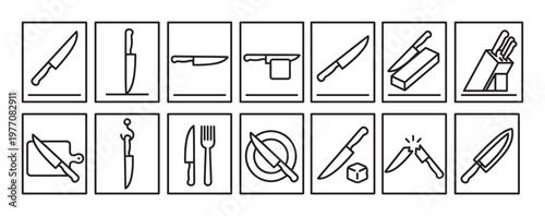 Collection of black outline knife icons representing various kitchen tools and actions, presented in a clean, minimalist style
