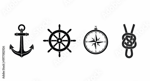Nautical Symbols Set Black Silhouettes Vector Illustration