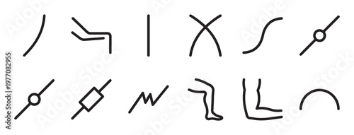 Various black line art symbols and human body parts are arranged neatly on a clean white surface