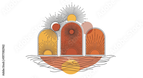 Bohemian Sunset Archways with Sunbursts and Rippling Water