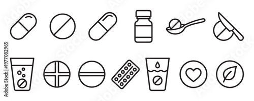 Various black outline medical icons representing pills, capsules, bottles, and health symbols in a clean, minimalist style