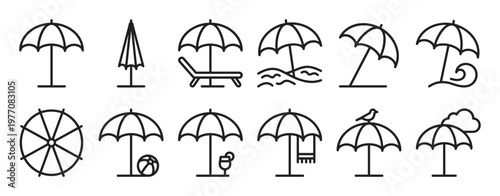 Collection of twelve black outline beach umbrella icons, depicting various summer and weather related scenarios