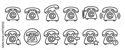 Collection of twelve black outline rotary telephone icons depicting various call statuses and actions in a clean, modern style