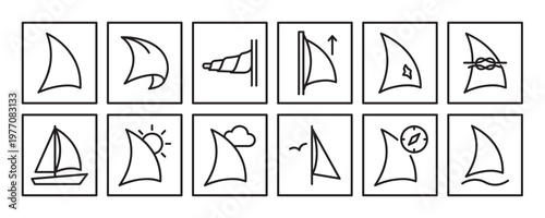 Collection of twelve black outline sailing and nautical icons arranged in a grid pattern
