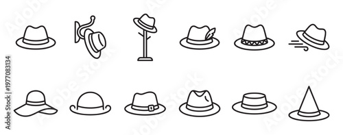 Collection of various outline hat icons, including fedoras, sun hats, and a witch's hat, presented in a clean, minimalist style