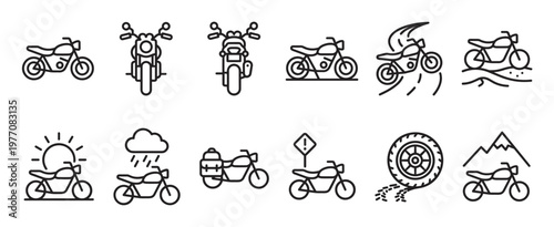 Collection of simple line art motorcycle icons depicting various riding scenarios and perspectives, rendered in a clean, minimalist style