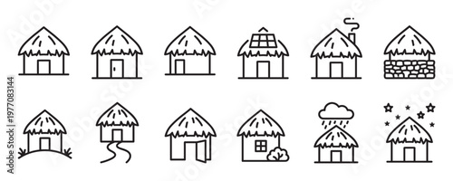 Collection of simple line art hut icons with thatched roofs, depicting various styles and elements