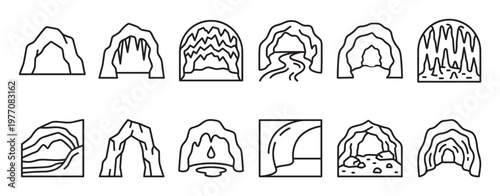 Collection of twelve distinct cave and grotto line icons, featuring various natural formations and entrances in a simple, clean style