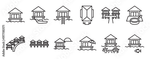 Collection of simple line art icons depicting various overwater bungalows and tropical resort elements