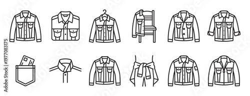 Collection of black outline denim jacket icons in various styles and arrangements, featuring different details and perspectives