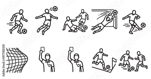 A collection of simple line art icons representing various soccer actions like kicking, heading, goalkeeping, fouls, and corner kicks.