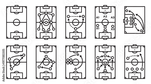 Collection of illustrated soccer field diagrams showcasing various offensive and defensive formations, plays, and strategies with arrows and markers.