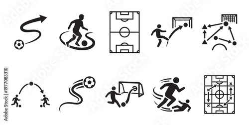 A collection of black and white vector icons representing soccer actions, strategies, and game plans, perfect for sports and team concepts.