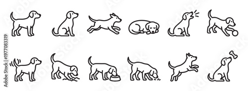 Collection of simple black outline dog icons depicting various actions like standing, sitting, running, and playing