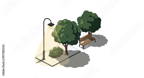 Isometric Night Park Scene Street Lights and Benches Vector Set