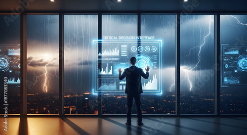Businessman standing in front of futuristic interface with cityscape and lightning storm outside windows at night