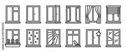 Collection of twelve diverse window line icons, showcasing various styles, weather conditions, and decorative elements in a clean, minimalist design