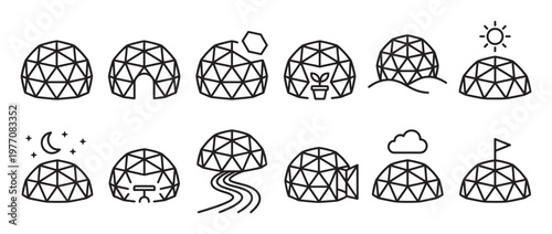 Collection of black outline geodesic dome icons with various elements like a door, plant, sun, moon, and flag, presented in a clean, minimalist style