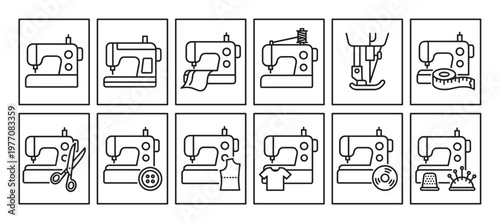 Collection of twelve simple black outline sewing machine icons, depicting various aspects of tailoring and garment creation