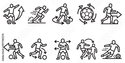 A collection of simple black and white line art icons depicting various football actions and movements, including kicking, running, dribbling, and tackling.