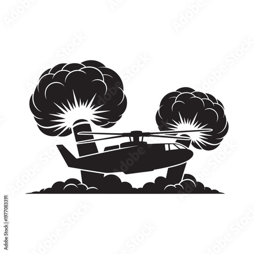 Black and white illustration of a helicopter flying through clouds