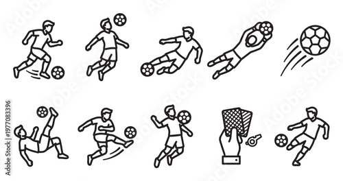 Set of minimalist black and white line art icons depicting various soccer actions like kicking, jumping, diving, and refereeing.