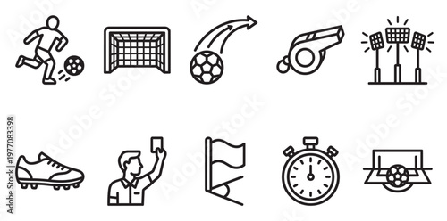 A collection of stylized black and white line art icons representing various elements of a soccer game, including a player, goal, ball, whistle, and referee card.