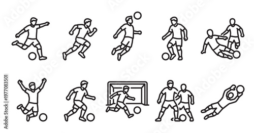 A collection of black and white line art icons depicting various actions of soccer players, including running, kicking, jumping, and defending a goal.