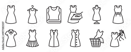Collection of various dress and clothing outline icons representing fashion, laundry, and tailoring activities
