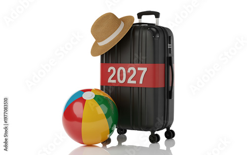 Travel Suitcase with 2027 Tag and Beach Ball, Vacation Planning and Future Trip Concept