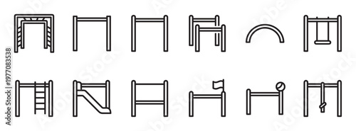 Collection of twelve minimalist outline icons representing various playground equipment and outdoor fitness structures