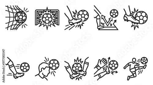 A set of minimalist line art icons depicting various soccer actions like scoring a goal, kicking, heading, and saving.