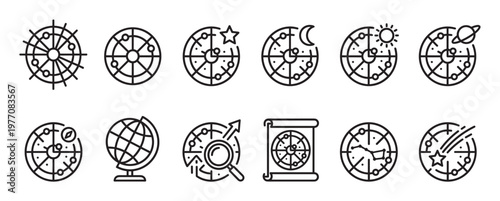 Collection of twelve black outline astronomy and navigation icons, including celestial maps, globes, and compasses, presented in a clean, modern style