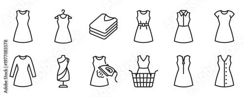 Collection of various dress outline icons, including a folded stack, a dress on a hanger, and a dress being ironed, presented in a clean, minimalist style