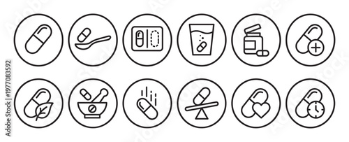 Comprehensive set of medical capsule icons in a clean, minimalist line art style, depicting various aspects of medication and health