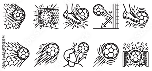This illustration set features various dynamic actions of a soccer ball in black and white line art, ideal for sports graphics and design.