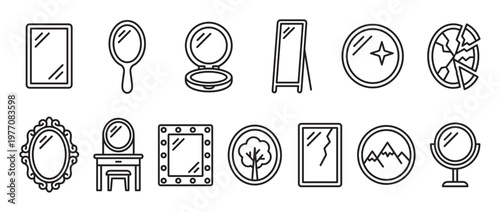 Collection of diverse mirror icons in a clean outline style, showcasing various shapes and designs