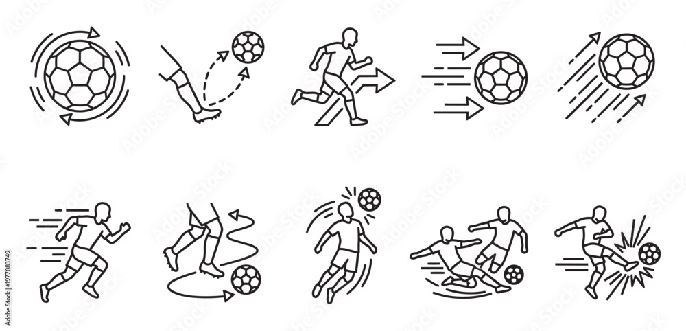 Obraz premium A clean, minimalist vector icon set illustrating various soccer actions and movements, including kicking, running, and ball control, suitable for sports and gaming themes.