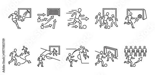 A collection of simple line art icons depicting various football game tactics, strategies, and player actions on a clean white background.