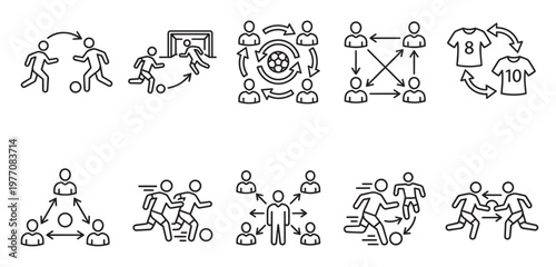A collection of simple line art icons illustrating various soccer game tactics and player interactions on a white background.