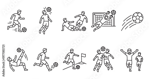 A collection of minimalist line art icons depicting various soccer actions including dribbling, heading, tackling, goalkeeping, and scoring goals.