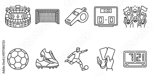 A collection of minimalist line art icons representing various elements of a soccer game, including a stadium, goal, ball, player, and referee symbols.