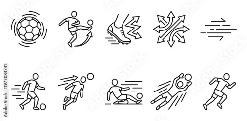A collection of clean line art icons depicting various soccer actions, including kicking, dribbling, and diving, ideal for sports graphics and web design.