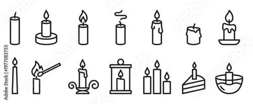 Various black outline candle icons are arranged in two rows, showcasing different shapes, sizes, and states of illumination