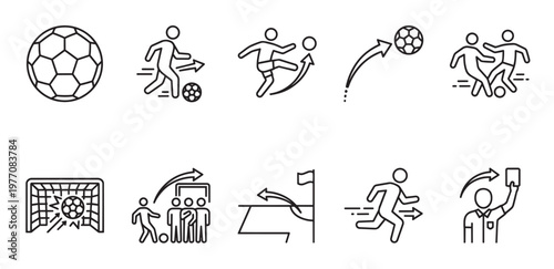 A collection of stylized black and white line icons depicting various football actions, including a ball, players kicking, tackling, scoring, and a referee holding a card.