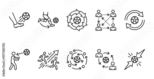A set of black line art icons depicting various aspects of football gameplay and strategy, including player movement, ball interaction, and teamwork dynamics.