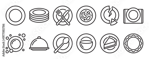 Various black outline plate and dish icons are neatly arranged in a grid pattern, showcasing different kitchenware and food items
