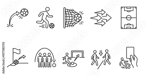 A collection of clean, minimalist line art icons depicting various aspects of soccer, including players, goals, field, and actions like scoring and fouls.