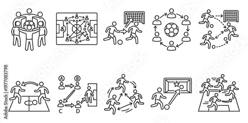 A collection of simple line art icons illustrating various soccer tactics, team formations, and player movements on a white background.