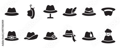 Collection of twelve black silhouette hat icons, including fedoras, a top hat, and a hat with a feather, presented in a clean, graphic style